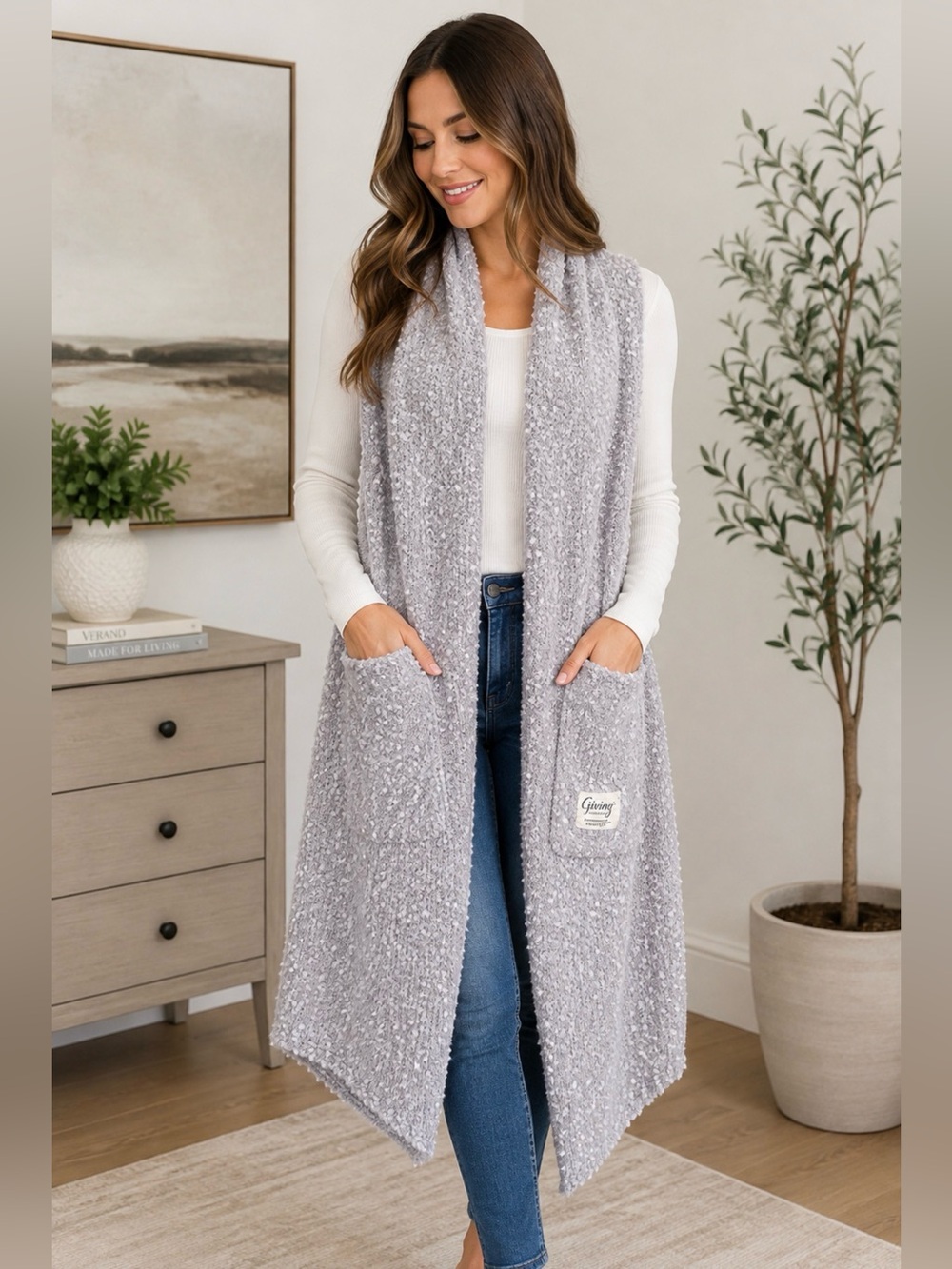 DEMDACO Giving Collection Cozy Knit Pocket Wrap Shawl Lavender White 80”